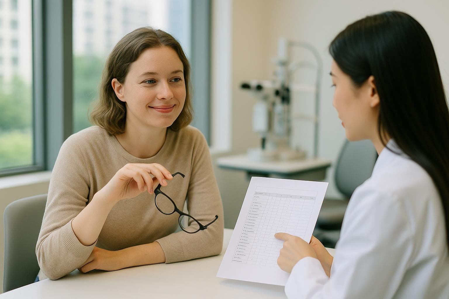 A doctor going over a printed day-by-day sheet with a smiling patient who holds her glasses in a consultation room
