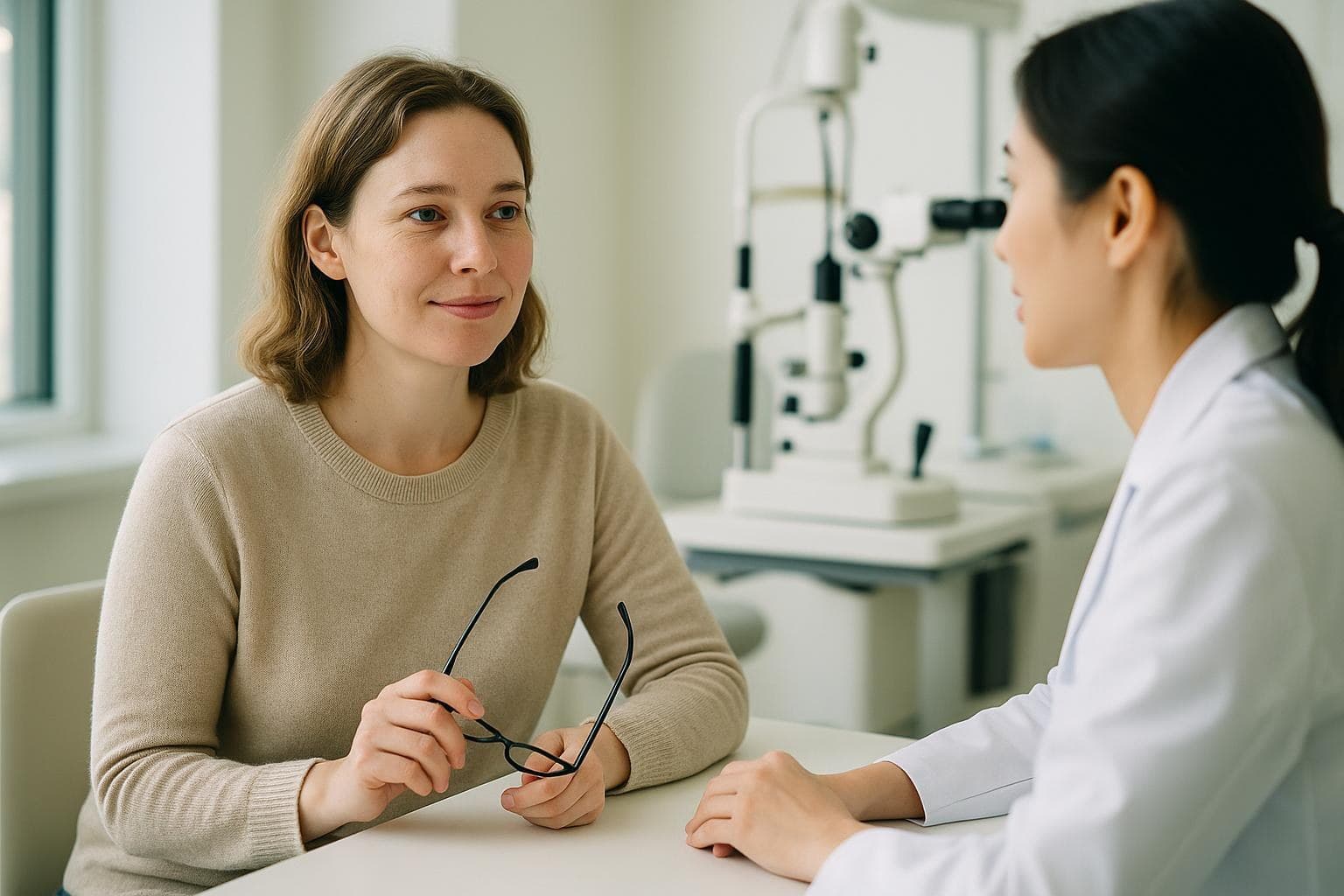 A patient holding her reading glasses sits across a consultation table from an eye doctor, with a slit-lamp microscope behind them