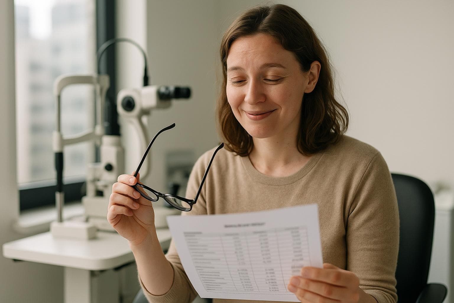 A woman holding her glasses in one hand smiles while reading a printed price sheet beside a slit-lamp microscope