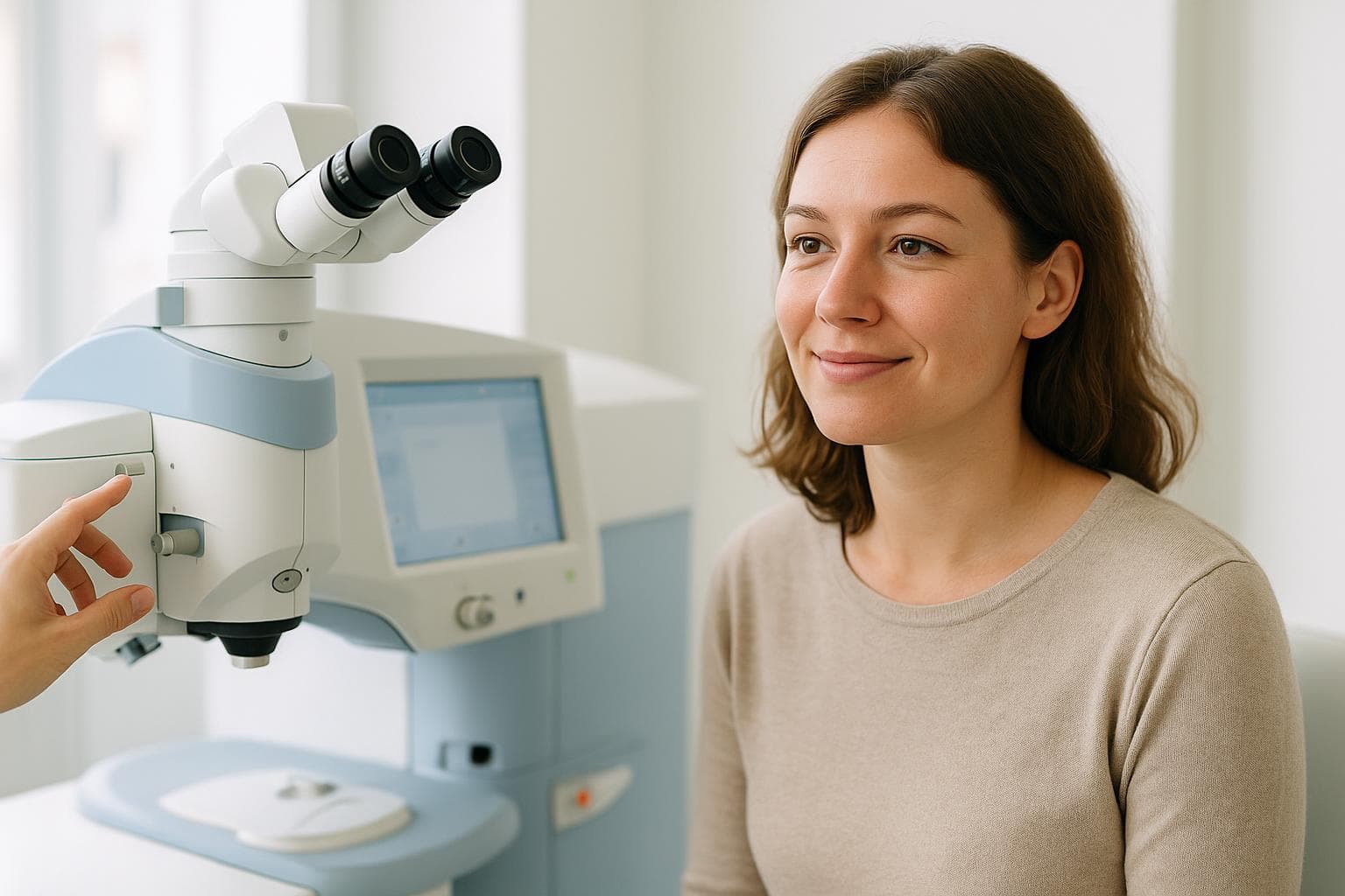 A smiling patient seated beside a white and pale-blue surgical laser microscope while a clinician's hand adjusts its controls