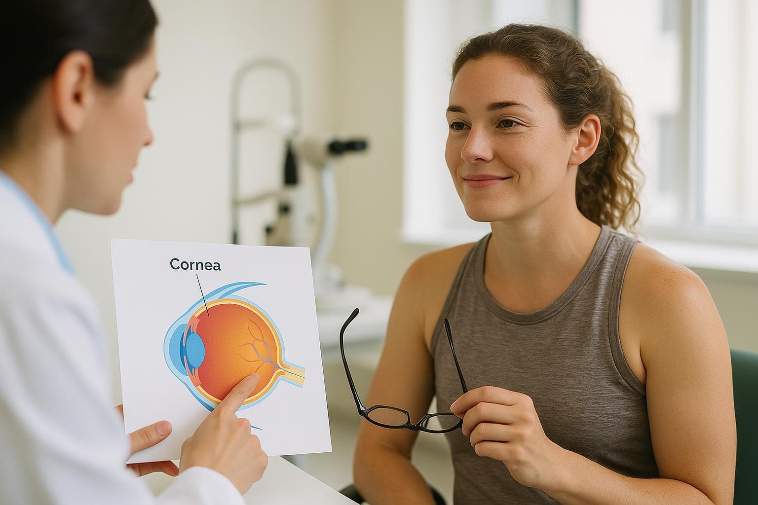 A doctor holds up a diagram of the eye labelled Cornea while a patient in a sleeveless sports top listens, holding her glasses